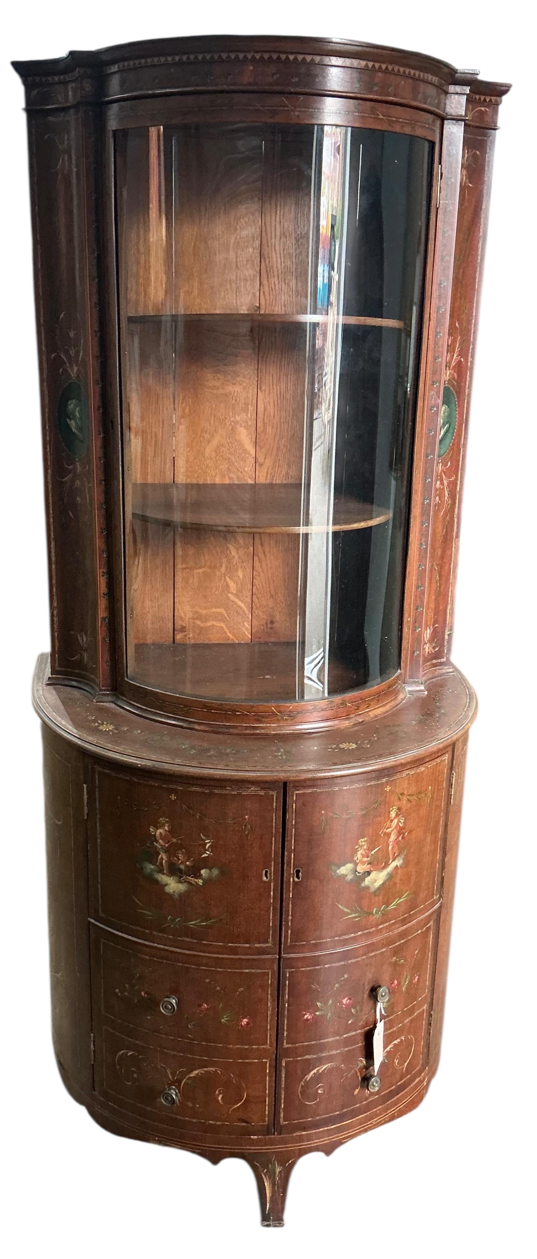An Edwardian Sheraton Revival painted mahogany bow front display cabinet, width 70cm, depth 48cm, height 158cm